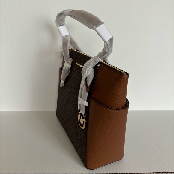 NWT Michael Kors Charlotte Top Zip Tote MK Signature Shoulder Bag Brown - Picture 11 of 15